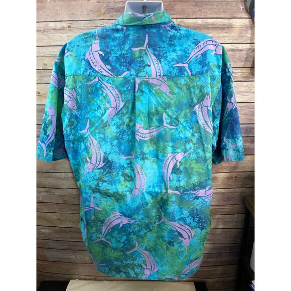 Vintage Straight Down Shirt Mens XL Green Blue Tie Dye Abstract Sword Fish - Picture 2 of 9